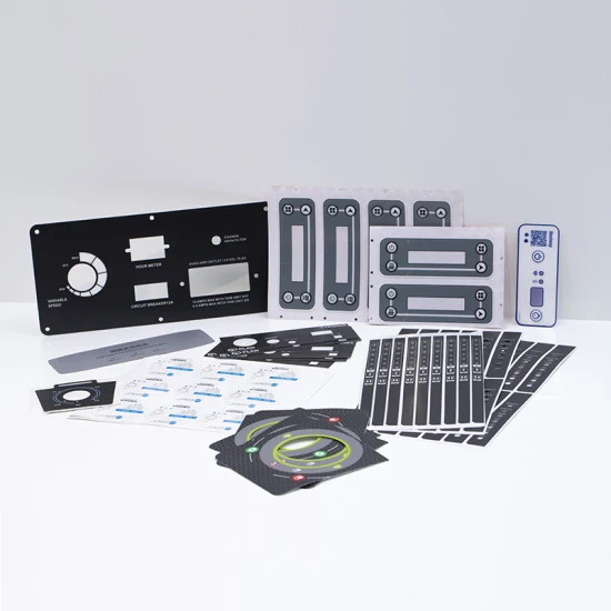 Kundenspezifisches Frontplatten-Overlay, rechteckiger Membran-Tastatur-Schalter, Polyester-Haustier-Viskose, selbstklebender Aufkleber mit Schneidloch